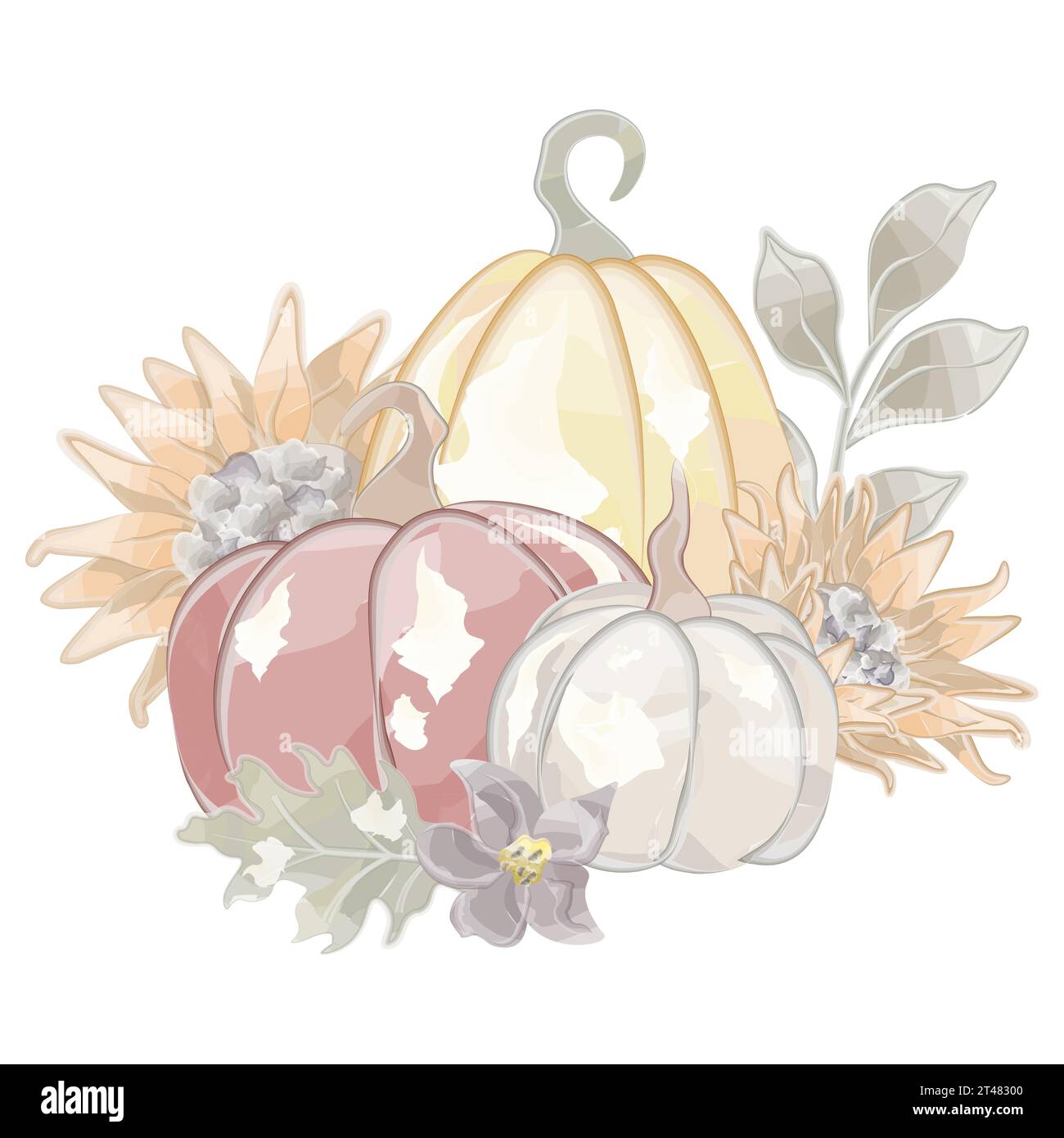 composition d'automne avec trois citrouilles et aquarelle vectorielle de tournesols Illustration de Vecteur