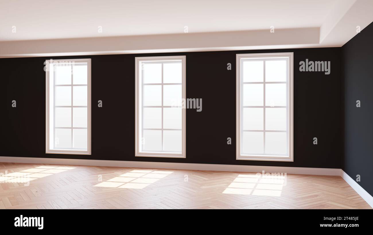 Intérieur noir avec trois grandes fenêtres, parquet à chevrons brillant clair et plinthe blanche. Beau concept de la chambre vide. Rendu 3D, Ultra HD 8k, 7680x4320, 300 dpi Banque D'Images