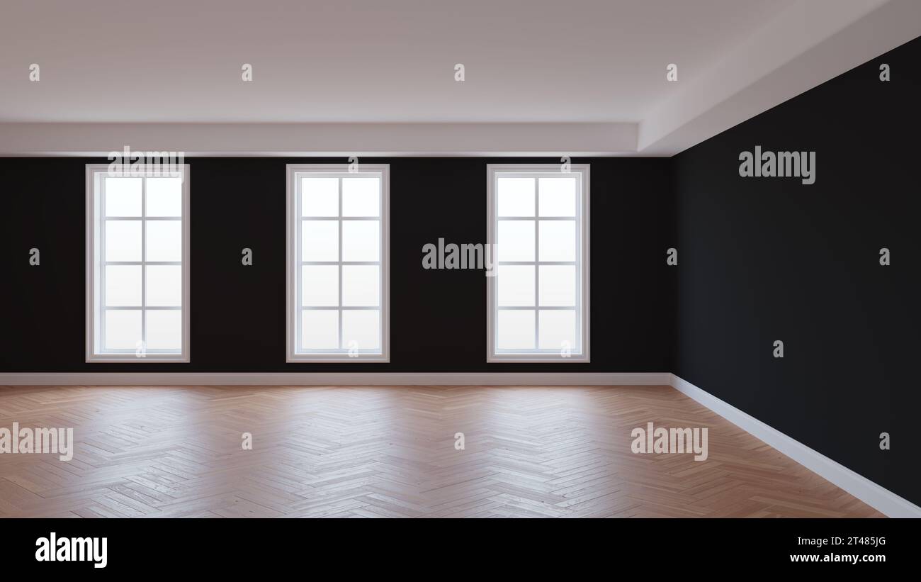 Intérieur avec murs noirs, plafond blanc et Conrnice, trois grandes fenêtres, parquet à chevrons et un Plinth blanc. Beau concept de la Chambre, rendu 3D. Ultra HD 8k, 7680 x 4320 Banque D'Images