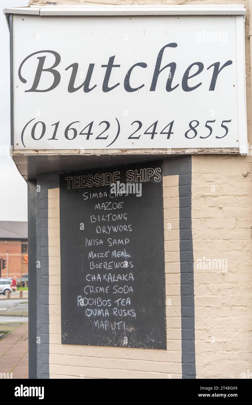 The Teesside Ships Butcher, à Middlesbrough, au Royaume-Uni, fournit des produits de viande sud-africains aux navires en visite. Banque D'Images