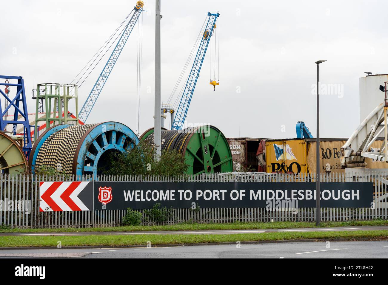 Un panneau indique : Bienvenue au port de Middlesbrough, Teesside, Royaume-Uni Banque D'Images