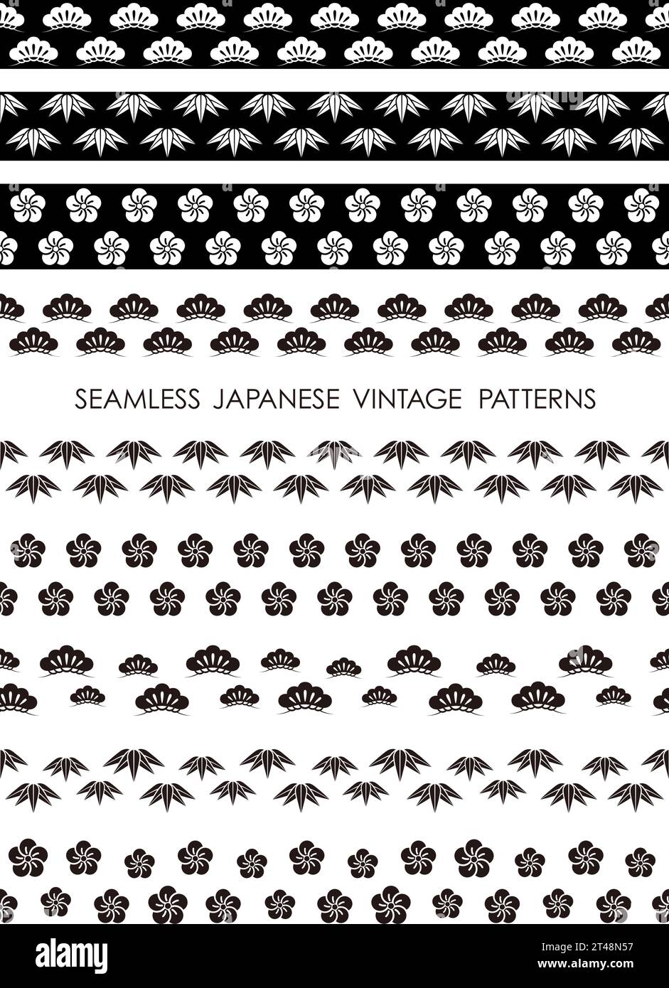 Ensemble de bordures sans couture Monochrome Vintage japonais. Illustration vectorielle. Tous les motifs sont répétables horizontalement. Illustration de Vecteur