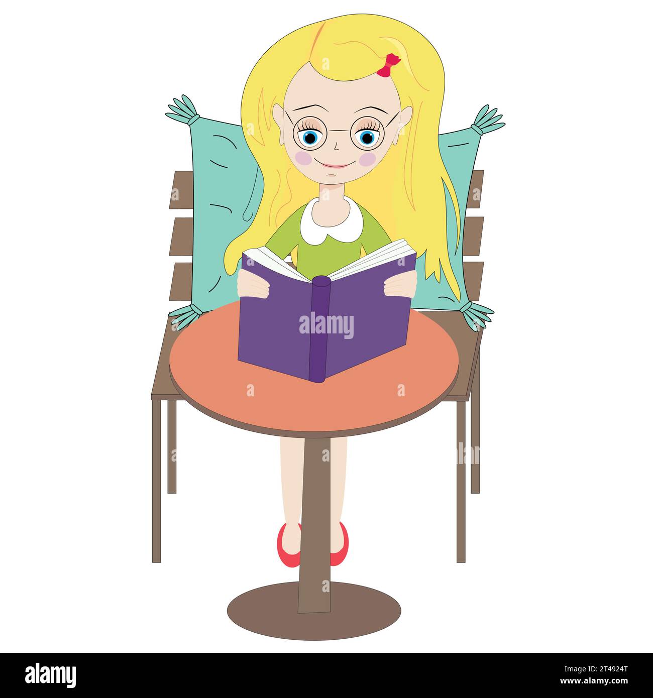 Fille lisant un livre violet assis sur un banc avec un oreiller ; adolescente lisant paisiblement Illustration de Vecteur