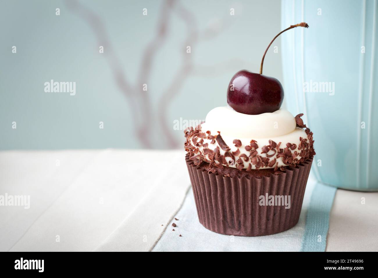Cupcake forêt noire décoré de copeaux de chocolat et d'une seule cerise noire Banque D'Images