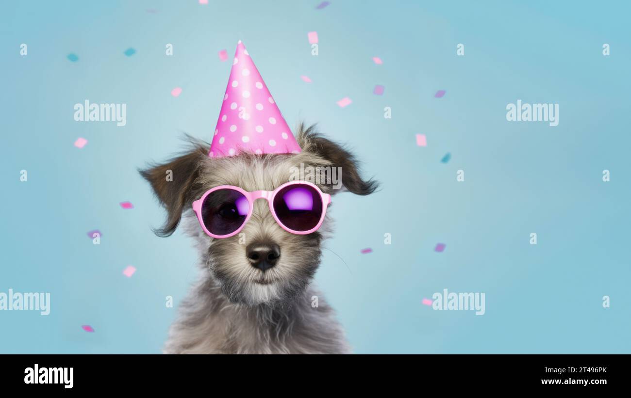 Joyeux chien mignon mongrel chiot portant un chapeau de fête et des nuances célébrant à une fête d'anniversaire, entourant par la chute de confettis Banque D'Images