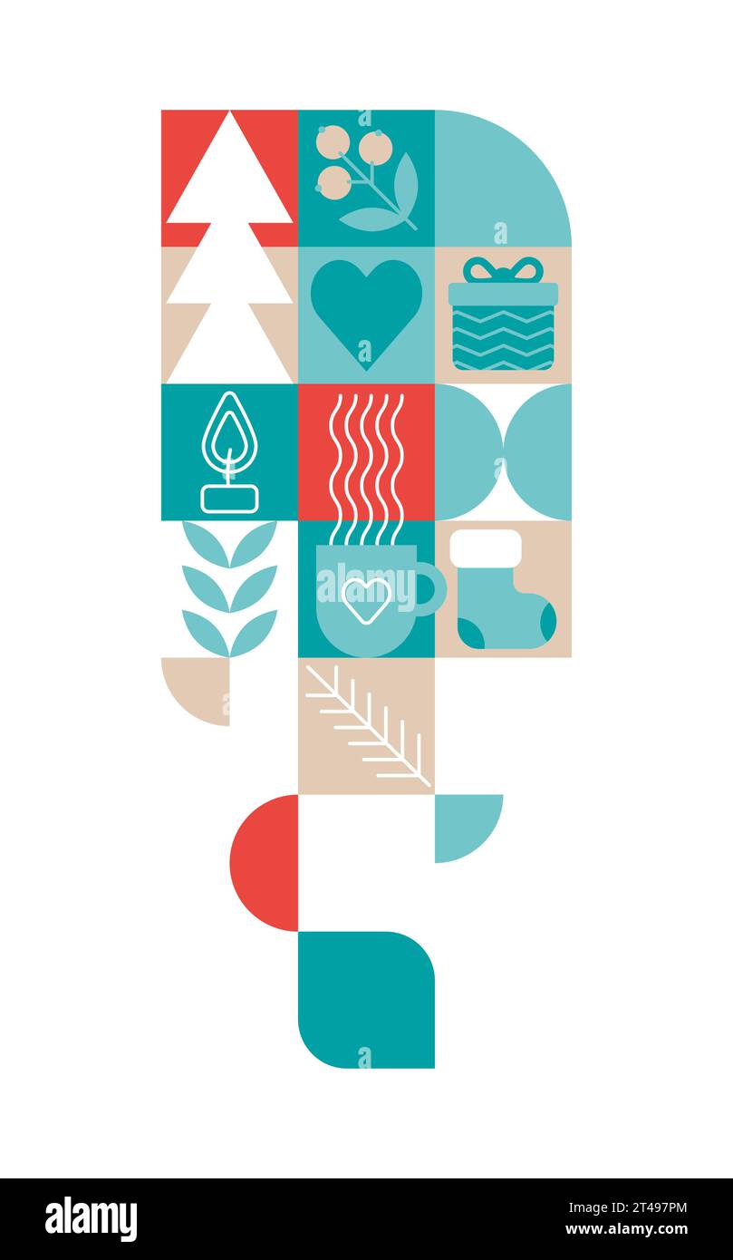 Affiche de Noël à motif bauhaus tendance. Formes géométriques d'hiver vectorielles. Éléments de design modernes abstraits simples. Imprimé rétro de mode pour carte de voeux Illustration de Vecteur