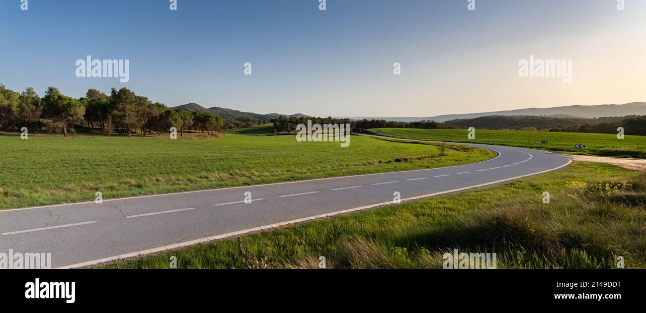 Une route passant par des champs verts de source, Bages, Catalogne Banque D'Images