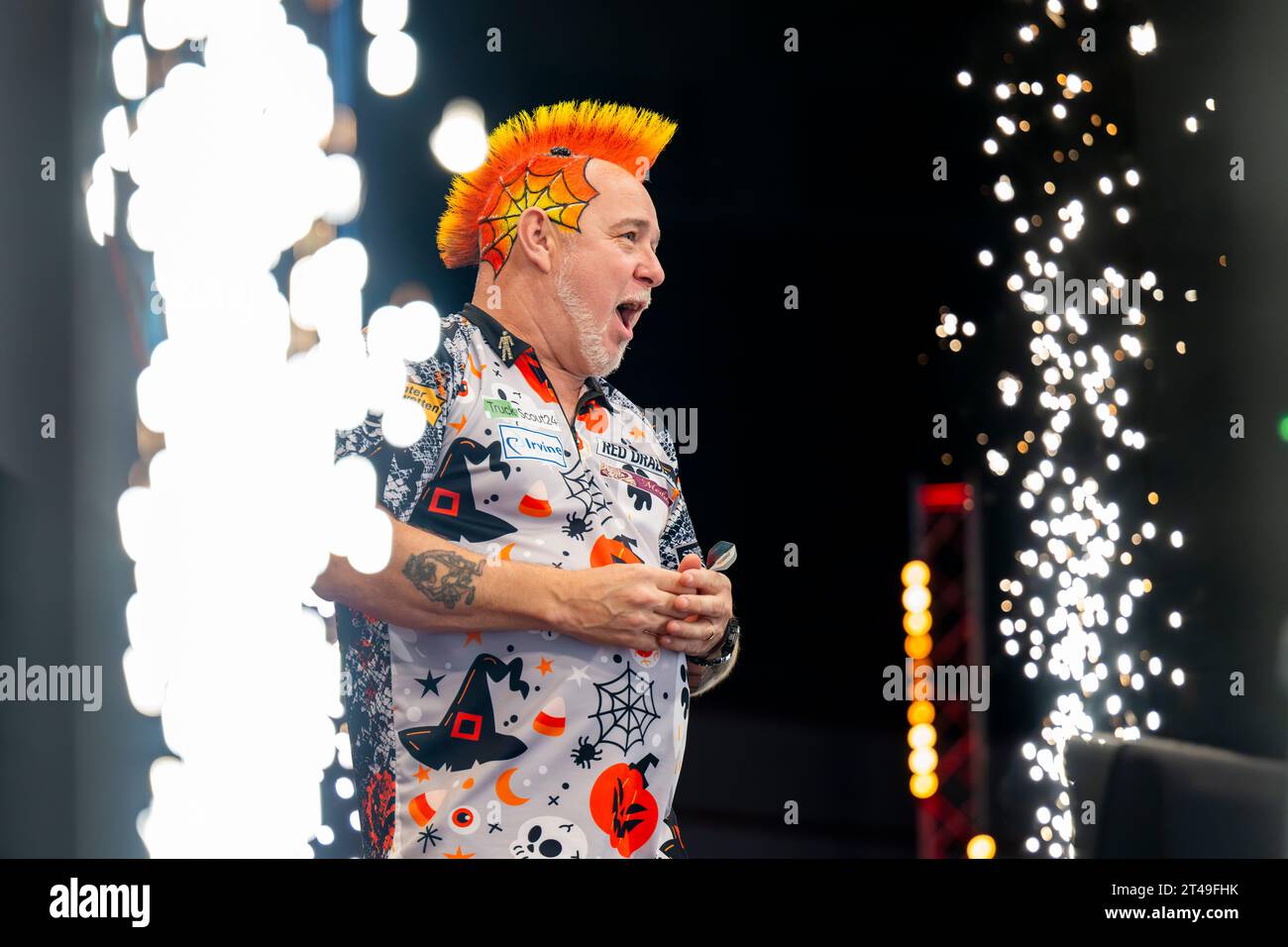 Dortmund, Allemagne. 29 octobre 2023. Fléchettes : Championnat d'Europe, Journée des finales, demi-finales : Peter Wright - Danny Noppert : Peter Wright célèbre sa victoire. Crédit : David Inderlied/dpa/Alamy Live News Banque D'Images