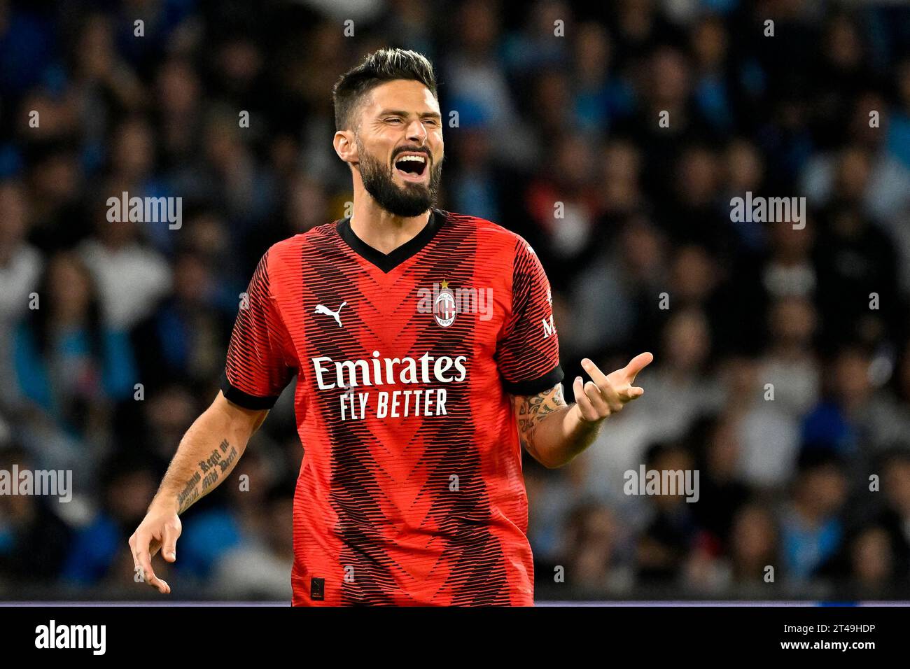 Naples, Italie. 29 octobre 2023. Olivier Giroud de l'AC Milan réagit lors du match de football Serie A entre le SSC Napoli et l'AC Milan au stade Diego Armando Maradona à Naples (Italie), le 29 octobre 2023. Crédit : Insidefoto di andrea staccioli/Alamy Live News Banque D'Images