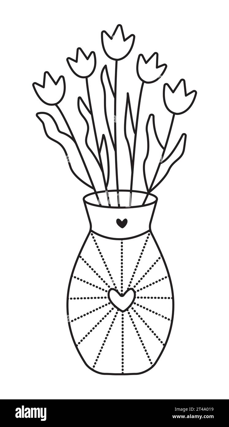Vase avec cinq tulipes, jolie illustration de fleurs, vecteur ligne noire doodle dans un style minimal Illustration de Vecteur