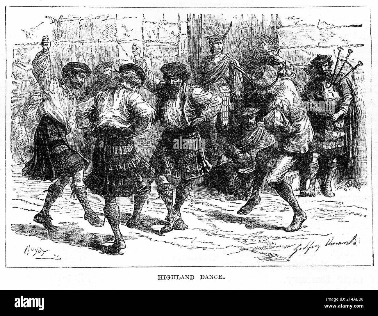 Gravure d'un groupe d'Écossais faisant une danse des hautes terres, publiée en 1896 Banque D'Images