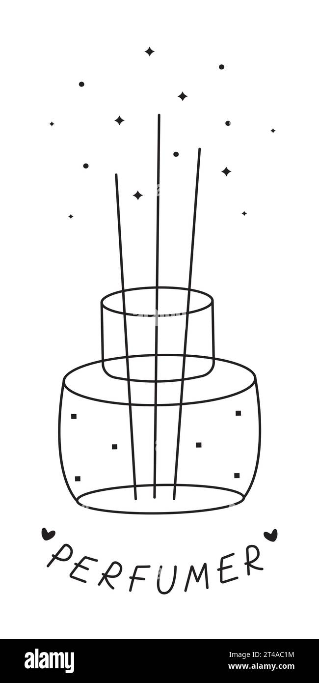 Bâtons d'encens, pictogramme d'un pot de parfum en verre, parfum magique, vecteur doodle d'arôme, illustration de ligne noire pour parfumeur Illustration de Vecteur