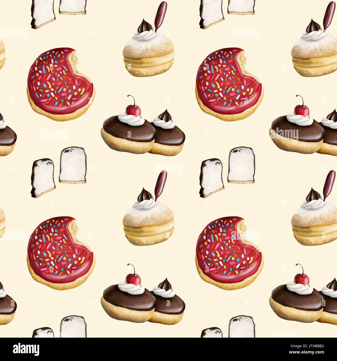 Beignets et guimauve dessert aquarelle motif sans couture sur fond beige clair pour cuisine, textile, backery, café Banque D'Images