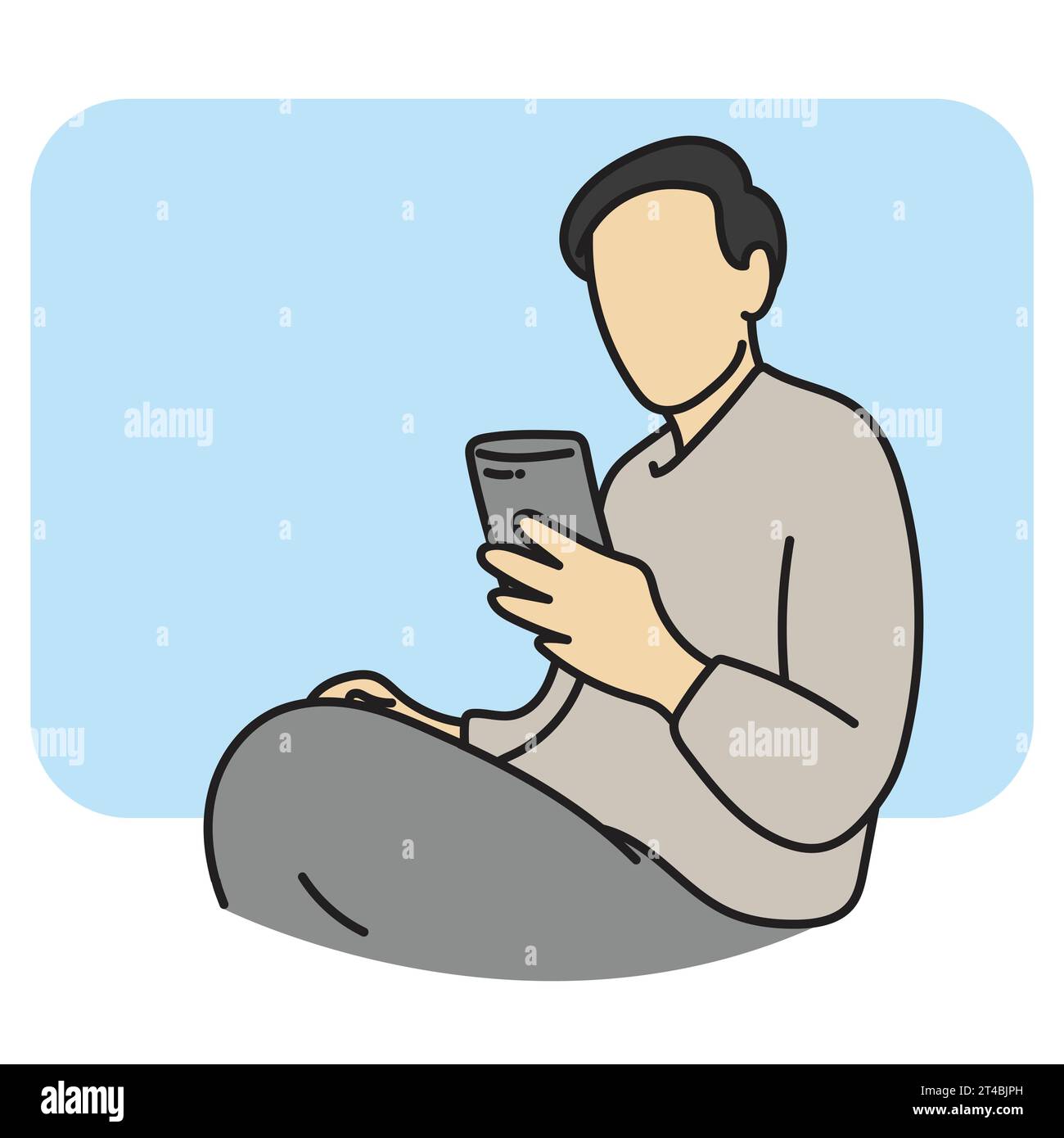demi-longueur de l'homme à l'aide du smartphone avec le vecteur d'illustration d'espace blanc bleu dessiné à la main isolé sur fond blanc Illustration de Vecteur