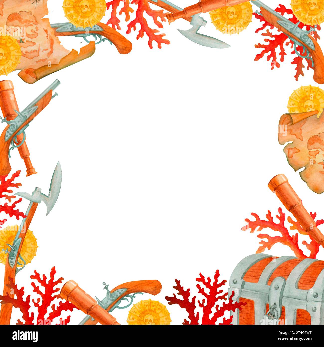 Modèle. Simple frontière ou cadre, fait de coraux, carte au Trésor ancienne, spyglass, armes de pirate, coffres et pièces de monnaie. illustration d'aquarelle isolée. Banque D'Images