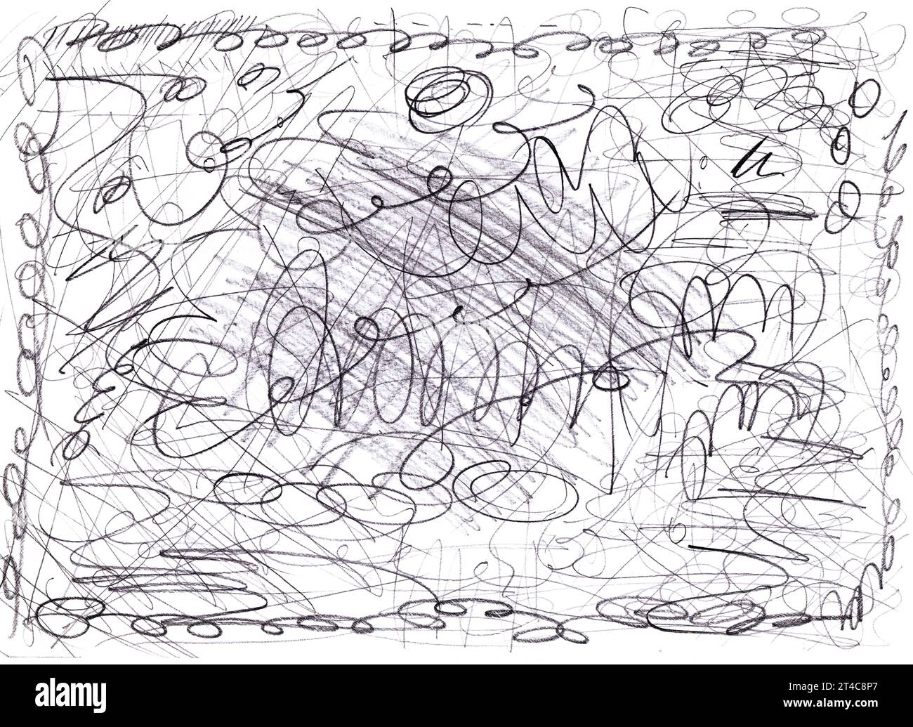 Crayon grunge monochromatique griffonne des lignes sur fond blanc, image dessinée à la main Banque D'Images