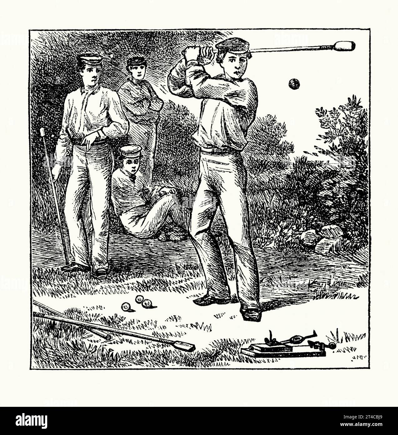 Une ancienne gravure du jeu de « Knurr et sort ». Il est tiré du livre victorien des années 1890 sur les sports, les jeux et les passe-temps. Knurr and Spell (ou Northern Spell, nipsy ou trap ball) est un vieux jeu anglais, autrefois populaire dans les pubs. Le jeu de type golf est originaire du Yorkshire, mais s'est ensuite répandu dans tout le nord de l'Angleterre. Il remonte au début du 14e siècle. Il était populaire aux 18e et 19e siècles. Un piège en bois à levier connu sous le nom de sort jette un knurr, semblable à une balle de golf, dans les airs. Le knurr est frappé par le joueur avec le bâton essayant de le frapper aussi loin que possible. Banque D'Images