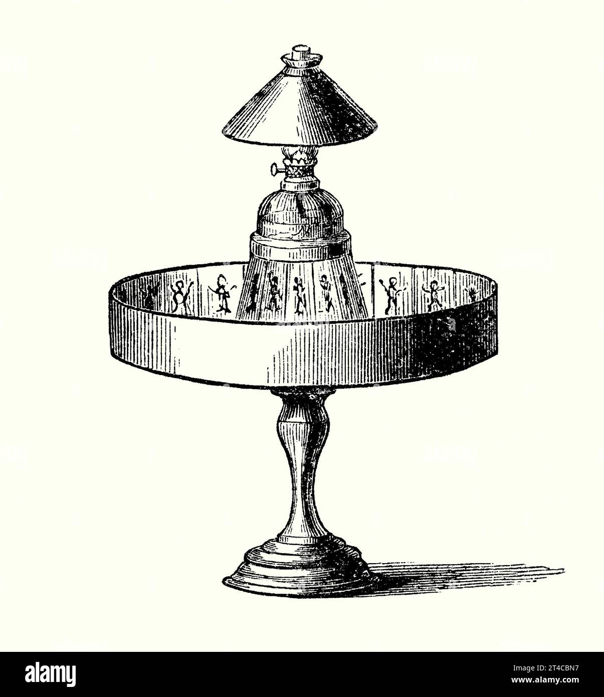 Une gravure ancienne d'un praxinoscope. Il est tiré du livre victorien des années 1890 sur les sports, les jeux et les passe-temps. Le praxinoscope était un dispositif d'animation, le successeur du zoetrope. Il a été inventé en 1877 par le Français Charles-Émile Reynaud. Il utilisait une bande d'images fixes peintes, généralement d'une personne en mouvement, placées autour de la surface intérieure d'un cylindre tournant. Le praxinoscope avait un cercle intérieur de miroirs, placé autour du centre, éclairé par une lampe au-dessus. Les reflets des images «en mouvement» sont apparus alors que l'appareil tournait. Quelqu'un regardant dans les miroirs verrait un s rapide Banque D'Images