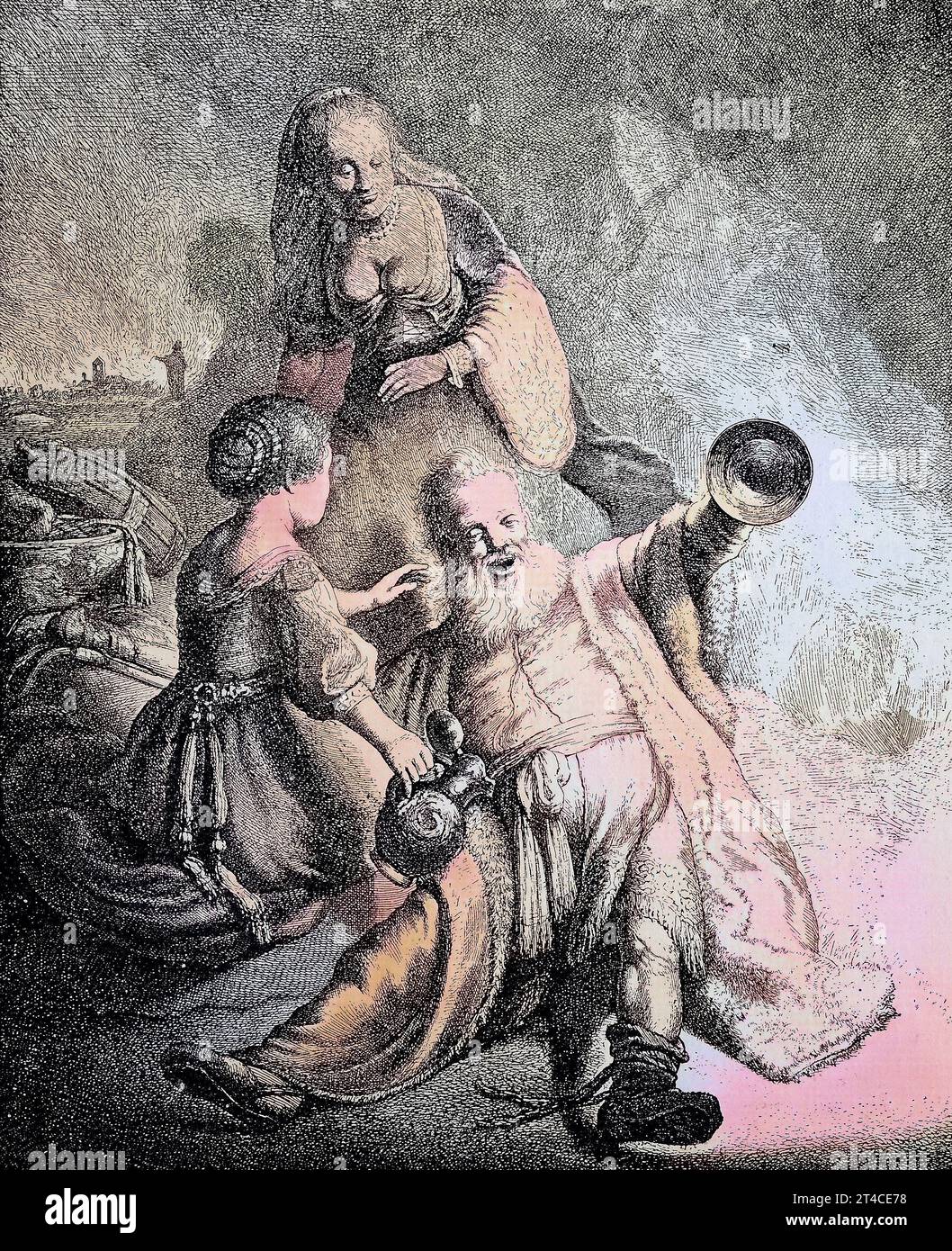 Digital restauriert, Der betrunkene Loth, ein betrunkener Mann mit zwei Damen, Kupferstich von J. G. van Vliet nach dem Original von Rembrandt, 1631, lot war ein Patriarche im biblischen Buch Genesis, Veröffentlichung aus dem Jahr 1882 / Digital Improved:, l'ivre Loth, un homme ivre avec deux dames, gravure sur cuivre de J. G. van Vliet après l'original de Rembrandt, 1631, Lot fut patriarche dans le Livre biblique de la Genèse, publié à partir de l'année 1882 Banque D'Images