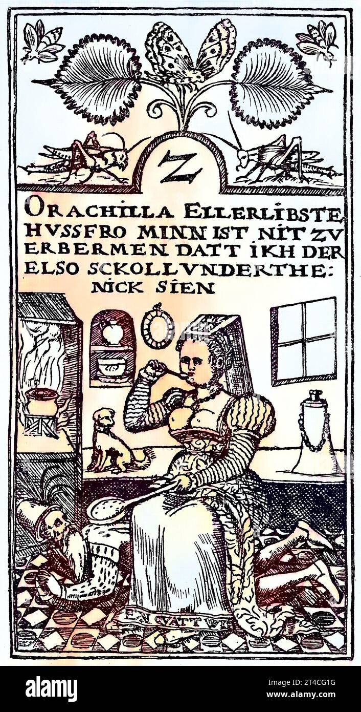 Spielkarte aus einem niederdeutschen Kartenspiel, 16. Jahrhundert, verbesserte numérique Reproduktion aus einer Publikation aus dem Jahr 1880 / carte à jouer d'un jeu de cartes allemand bas, 16e siècle, reproduction numérique améliorée d'une publication de l'année 1880 Banque D'Images
