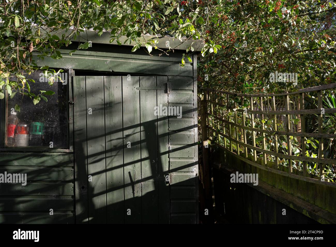 La lumière du soleil crée des ombres diagonales sur les panneaux d'un abri de jardin arrière du sud de Londres, le 27 octobre 2023, à Londres, en Angleterre. Banque D'Images