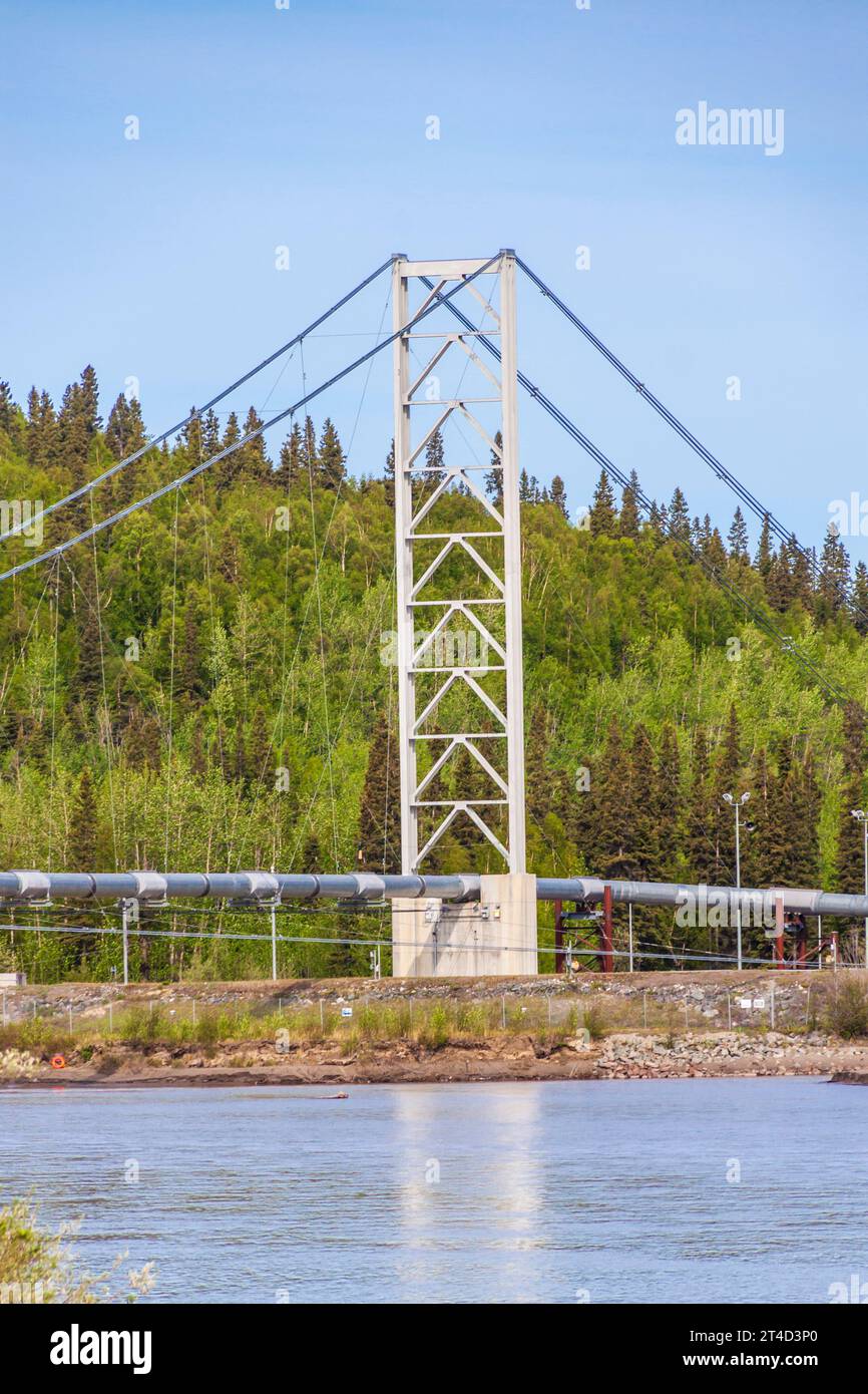 Alaska Pipeline élevée pour un franchissement de la rivière près de Fairbanks. Banque D'Images