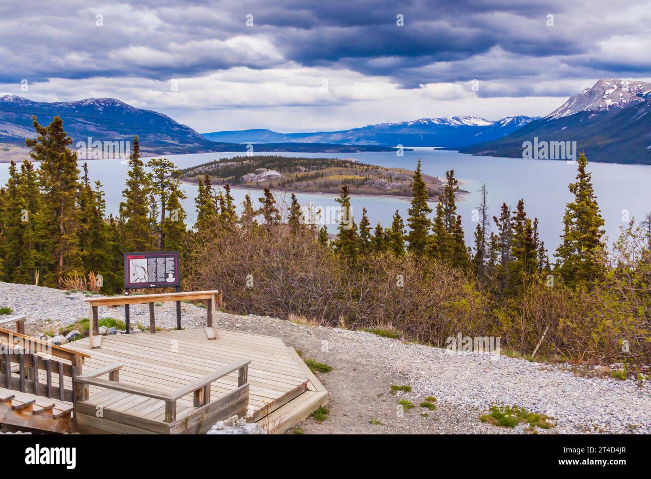 Île Bove et bras venteux du lac Tagish dans le territoire du Yukon, Canada. Le Windy Arm du lac Tagish faisait autrefois partie d'une route de pagaie historique. Banque D'Images