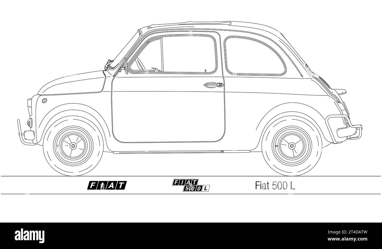 Italie, année 1968, Fiat 500 L voiture vintage populaire, silhouette sur fond blanc, illustration soulignée Banque D'Images