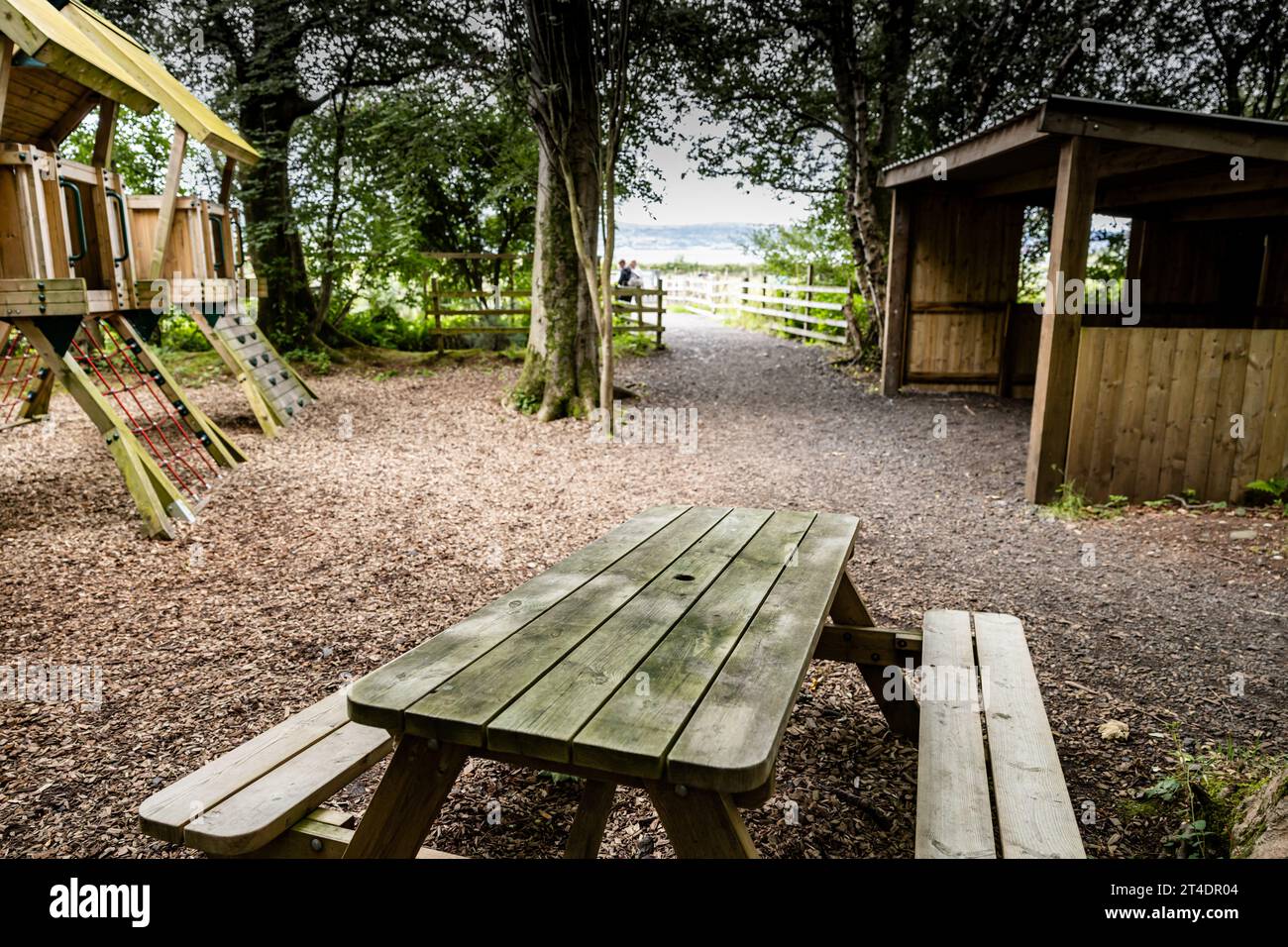 Banc de pique-nique dans une zone boisée, avec beaucoup d'arbres et d'arbustes et autres structures en bois au parc Monty's Farm, Banque D'Images