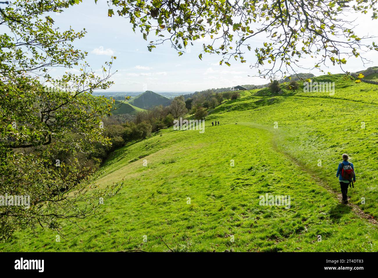 Marcher au-dessus de la vallée de Dovedale avec Thorpe Cloud au loin, Peak District, Derbyshire, Angleterre Banque D'Images