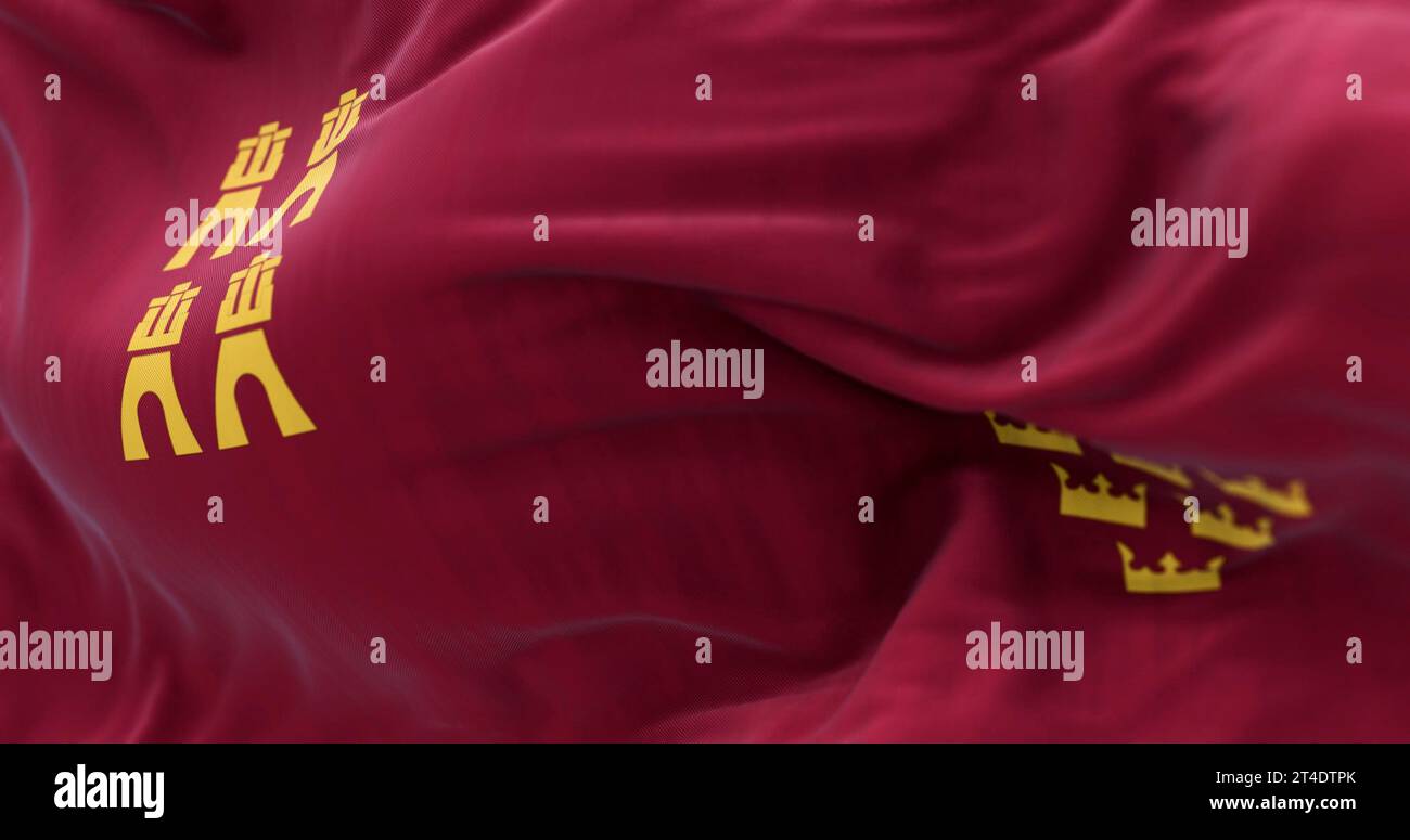 Gros plan du drapeau de Murcie qui agite. Communauté autonome d'Espagne. Quatre châteaux et sept couronnes sur un fond cramoisi. rendu d'illustration 3d. Selectiv Banque D'Images