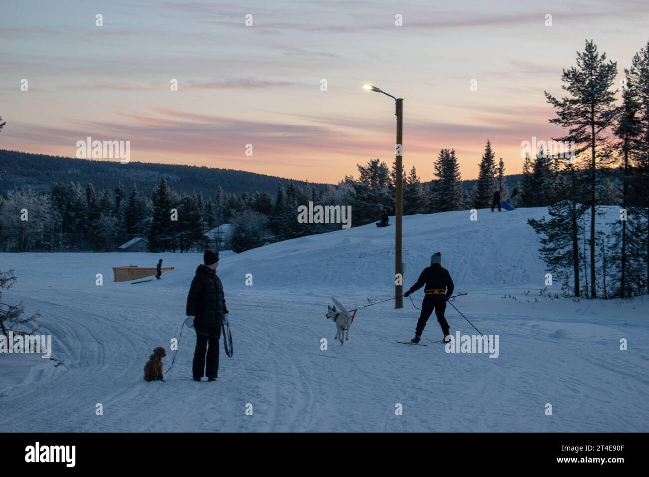 Paysage hivernal de la ville de Jukkasjarvi, Suède. Situé dans le nord de la Suède dans la municipalité de Kiruna. Province de Laponie. Banque D'Images
