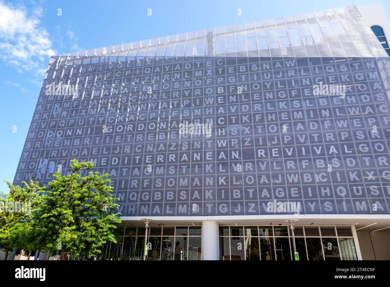 Miami Beach Floride, extérieur extérieur, bâtiment Collins Park garage, art art illustration mot croisé puzzle façade Banque D'Images