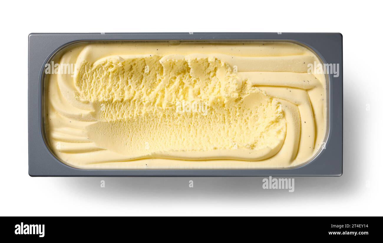 boîte de glace à la vanille isolée sur fond blanc, vue de dessus Banque D'Images