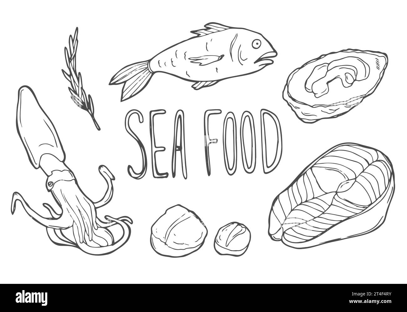 Sea Food Doodle Line Art Illustration. Clip vectoriel dessiné à la main Art. Jeu de bannières Illustration de Vecteur