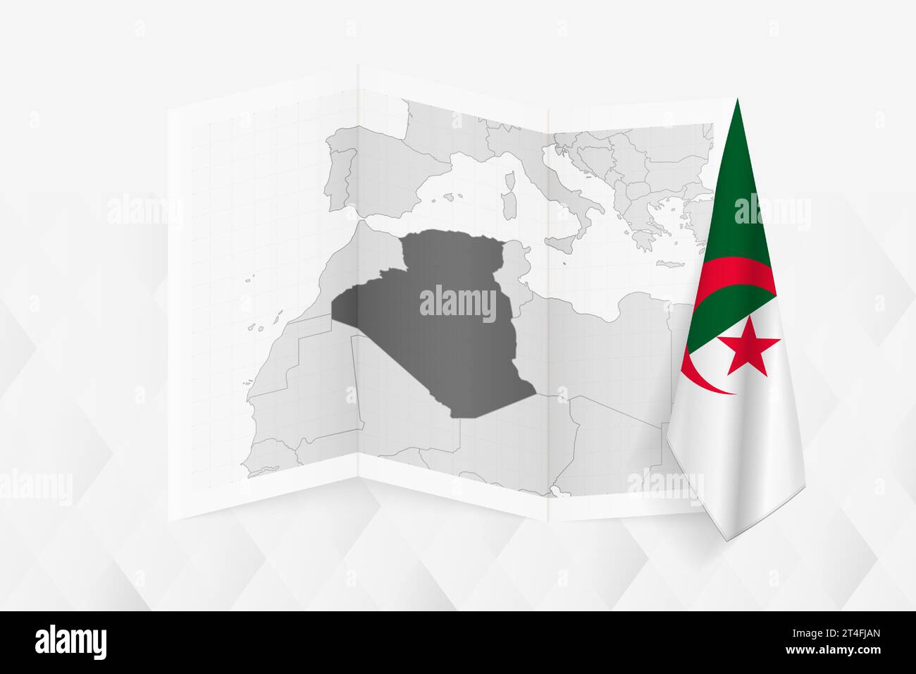 Une carte en niveaux de gris de l'Algérie avec un drapeau algérien suspendu sur un côté. Carte vectorielle pour de nombreux types de nouvelles. Illustration vectorielle. Illustration de Vecteur