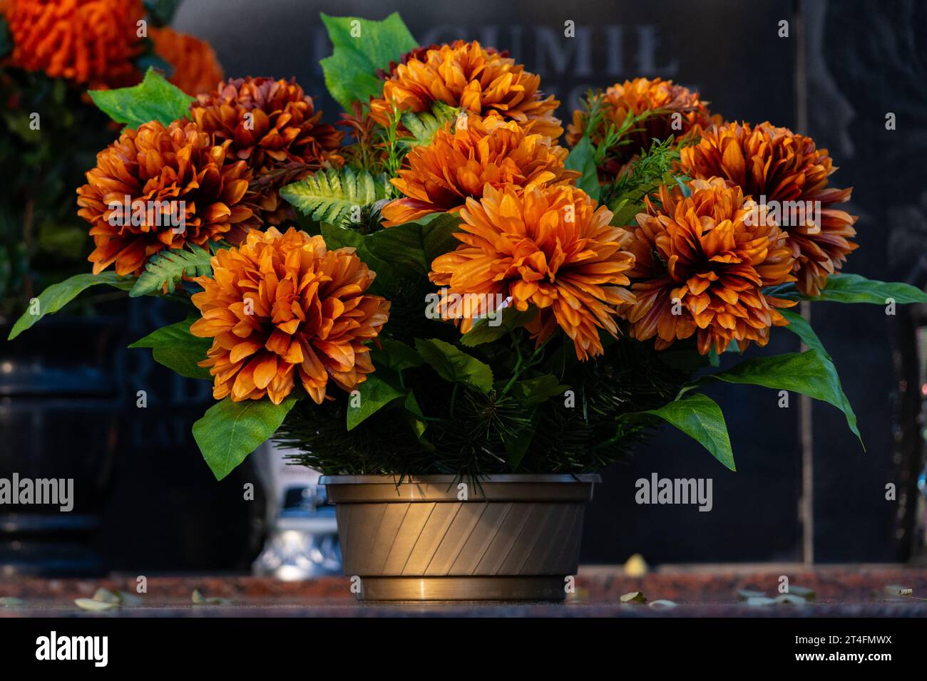 Fleurs sur la tombe. La Toussaint au cimetière. Banque D'Images