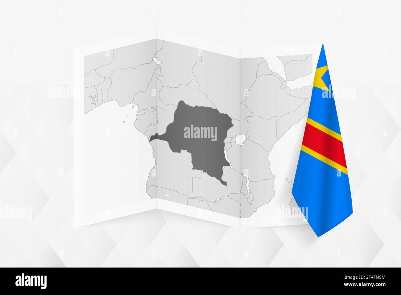 Une carte en niveaux de gris de la RD Congo avec un drapeau congolais suspendu sur un côté. Carte vectorielle pour de nombreux types de nouvelles. Illustration vectorielle. Illustration de Vecteur