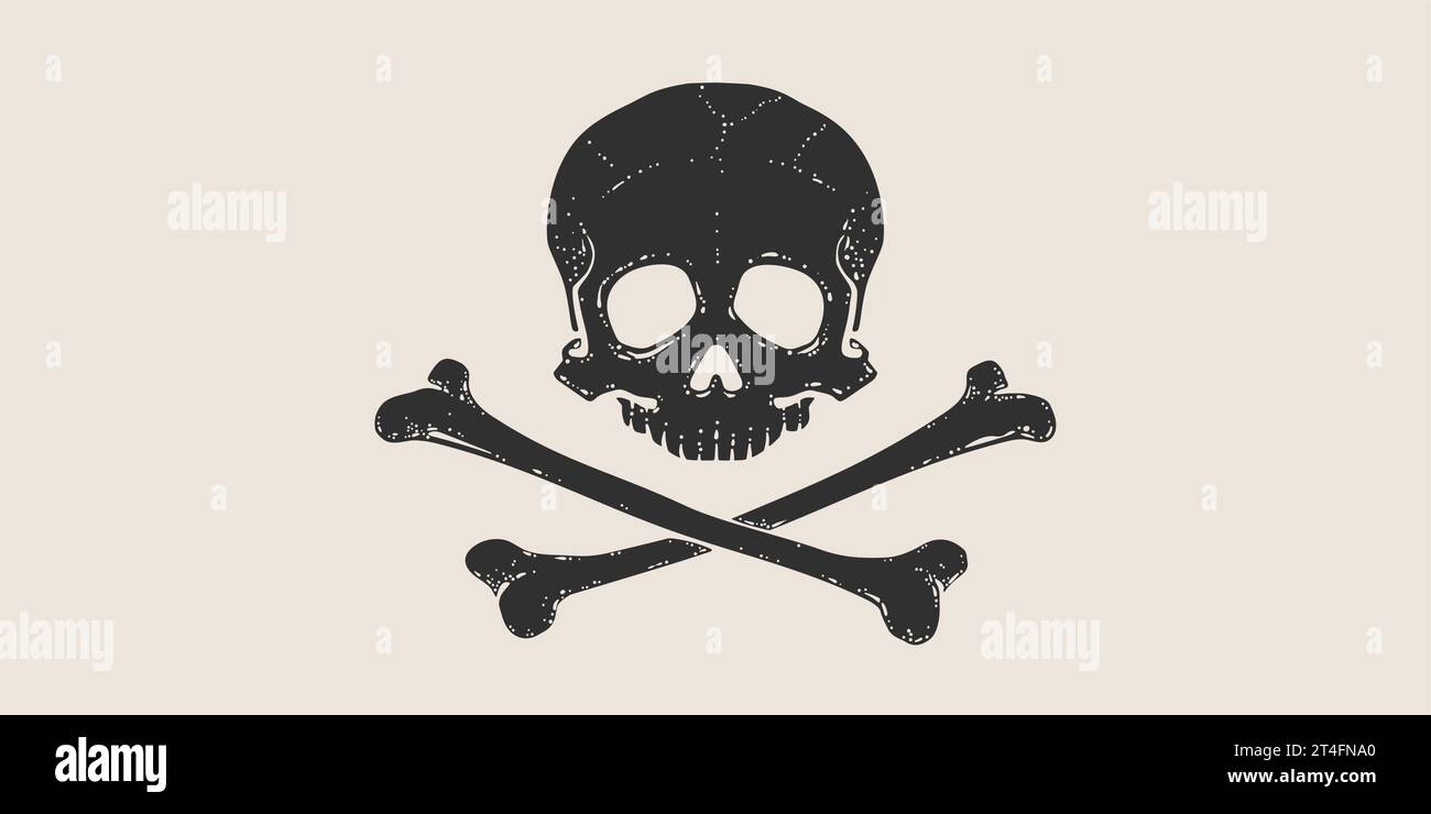 Death Skull Crossbones. Crâne blanc dessiné à la main rétro avec des os croisés sur drapeau pirate blanc. Affiche vintage avec squelette de crâne noir sur fond blanc pour la célébration Halloween. Illustration vectorielle Illustration de Vecteur