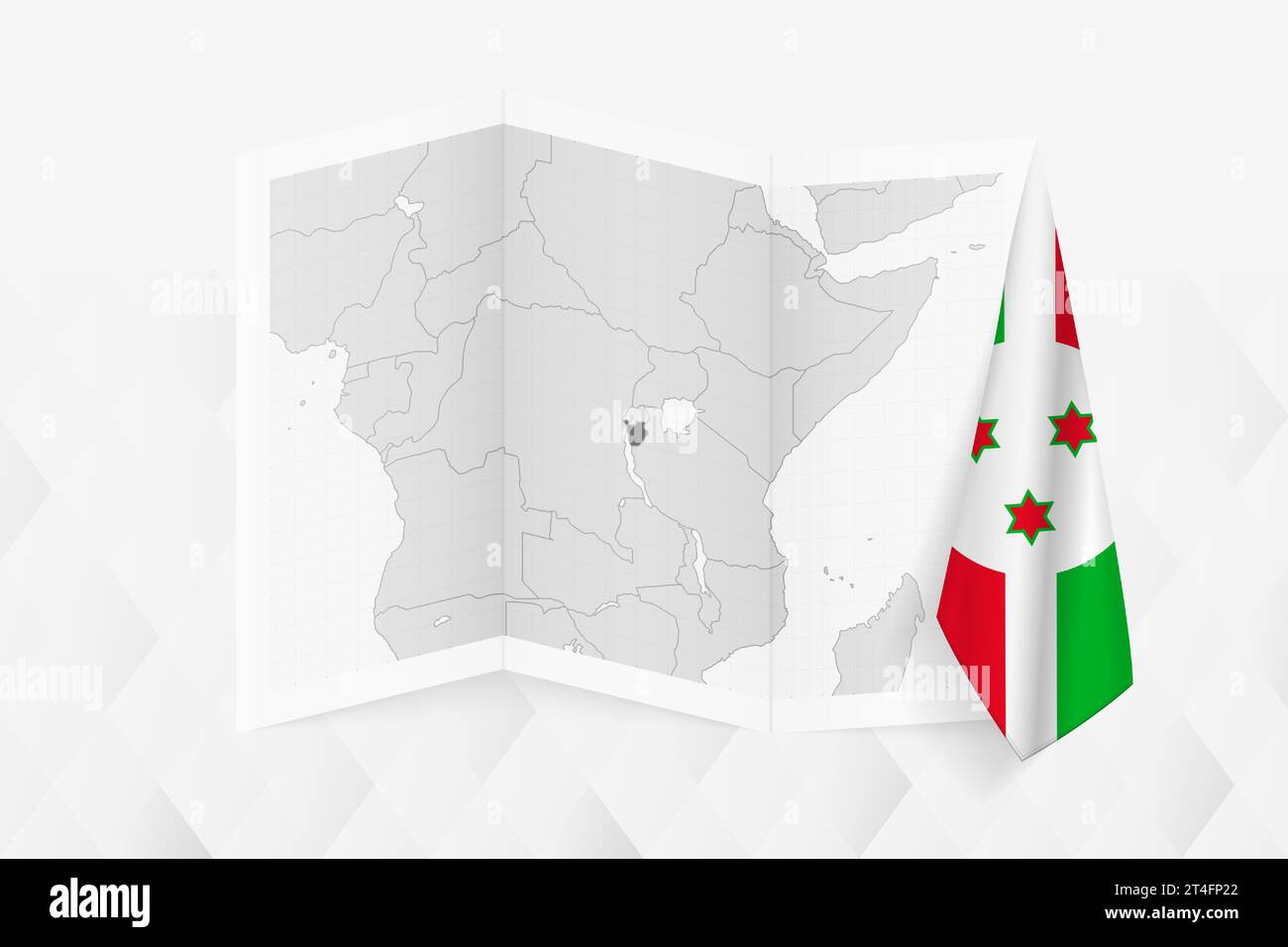 Une carte en niveaux de gris du Burundi avec un drapeau burundais suspendu sur un côté. Carte vectorielle pour de nombreux types de nouvelles. Illustration vectorielle. Illustration de Vecteur