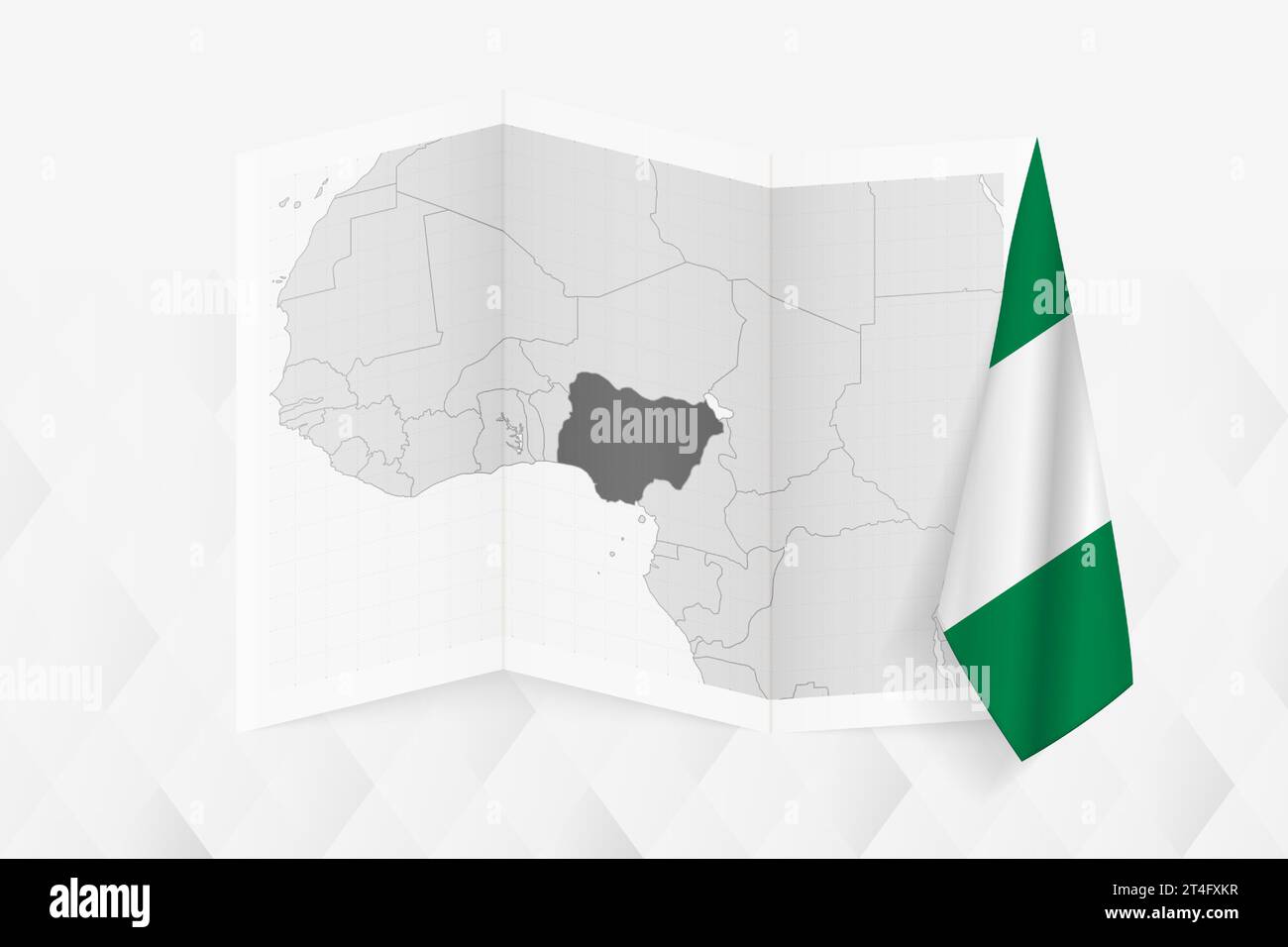 Une carte en niveaux de gris du Nigeria avec un drapeau nigérian suspendu sur un côté. Carte vectorielle pour de nombreux types de nouvelles. Illustration vectorielle. Illustration de Vecteur