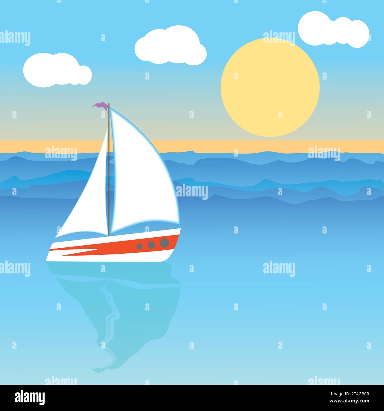 Un yacht aux voiles blanches naviguant sur les vagues par temps ensoleillé. Illustration de Vecteur