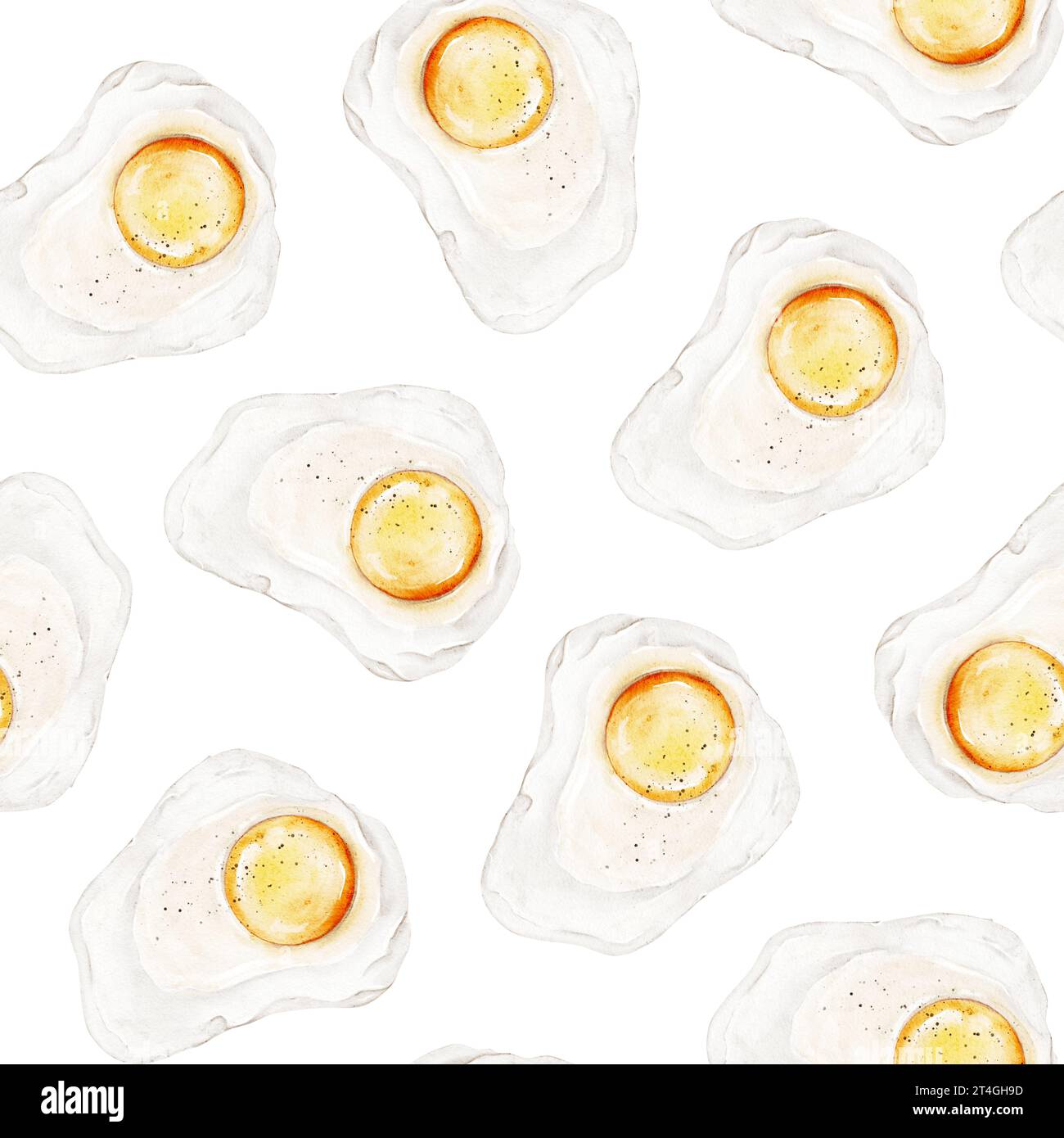 Aquarelle modèle sans couture avec des œufs au plat pour le petit déjeuner sur fond blanc. Parfait pour le menu, livre de cuisine, emballage, enseigne, marché, affiches, maison Banque D'Images