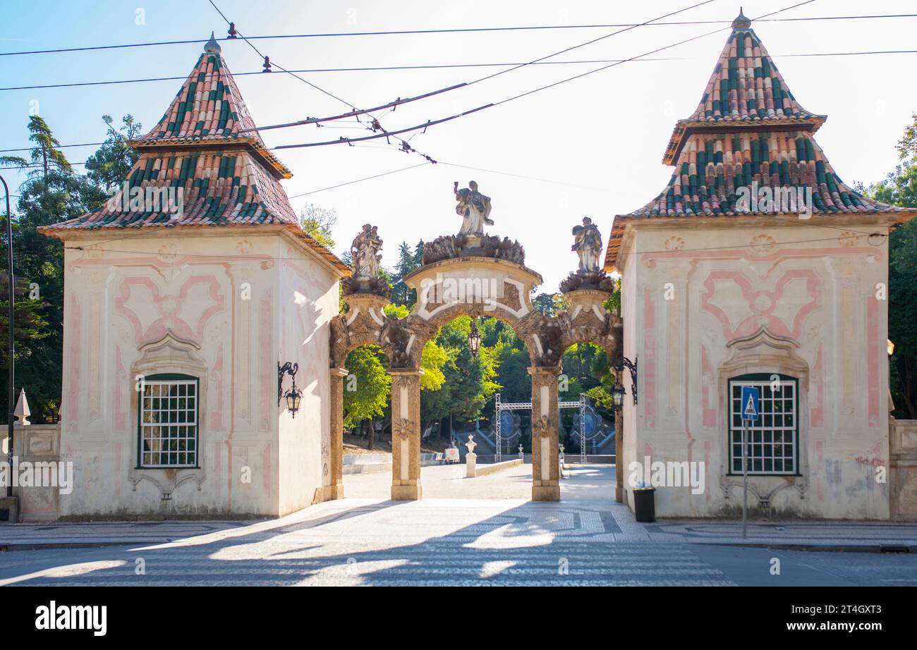 Entrée du parc Santa Cruz, mieux connu sous le nom de Jardim da Sereia, Coimbra, Portugal Banque D'Images