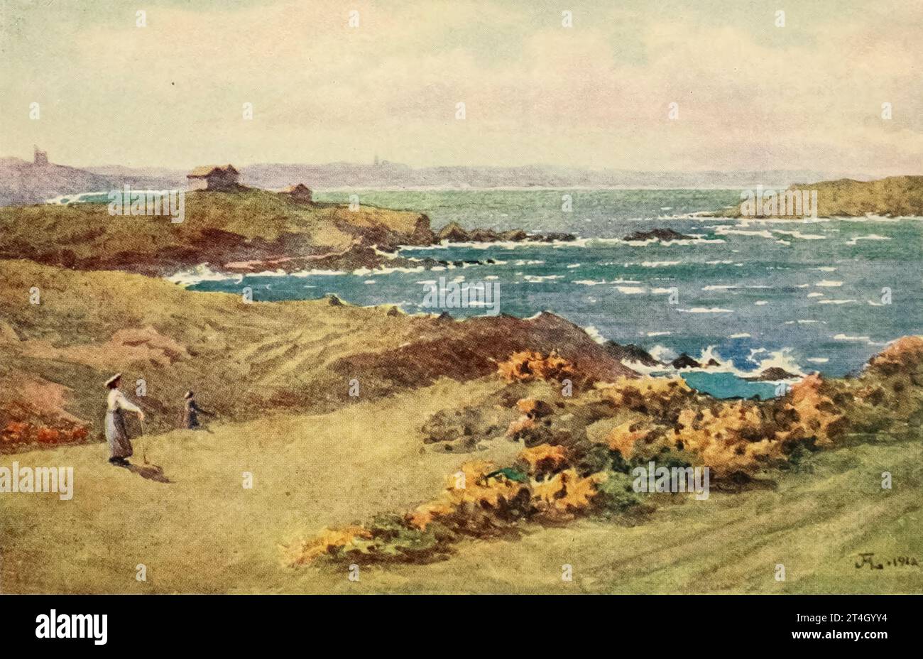 Le Golf Links entre St. Lunaire et St. Briac. St. Coulé dans la peinture de paysage de distance par John Hardwicke Lewis, du livre la Cote d'Emeraude de Spencer Musson, publié en 1912 par A. & C. Black, The Côte d'Émeraude (breton : AOD an Emrodez ; lit. 'Côte d'Emeraude') est un nom donné à une partie de la côte Manche de l'est de la Bretagne près de la frontière avec la Normandie en France. Banque D'Images