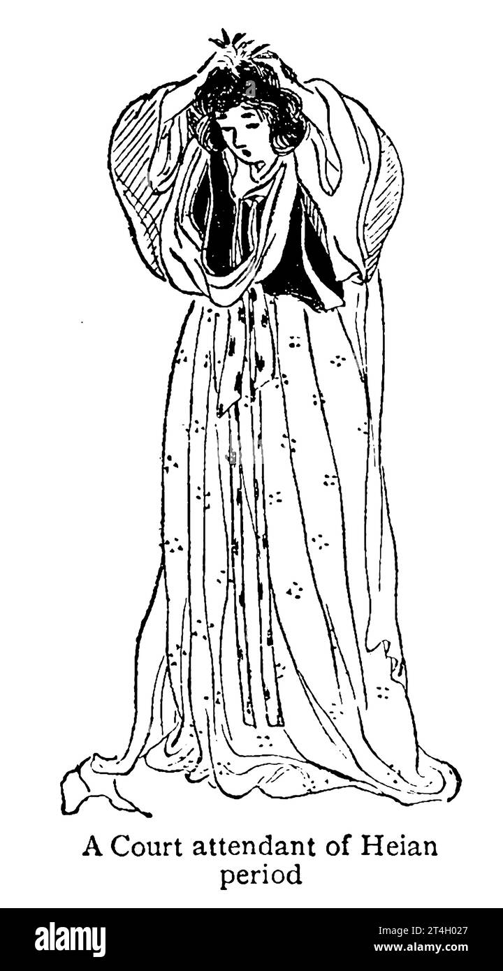 A court Attendant of the Heian Period (794-1185) illustration en noir et blanc de Mlle Wakana Utagawa illustrant le livre Japan de John Finnemore, publié en 1911 par A. et C. Black London Banque D'Images