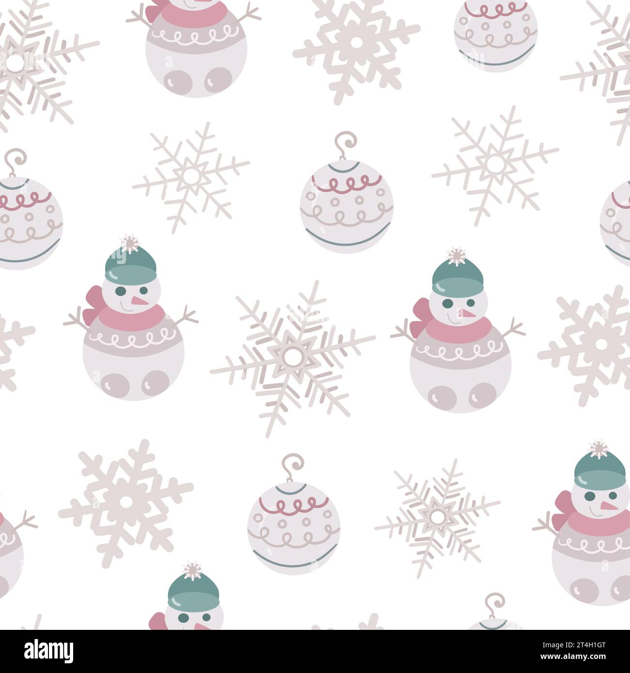 Motif sans couture du nouvel an avec flocons de neige, boules de Noël et bonhommes de neige sur fond blanc. Vecteur. Illustration de Vecteur