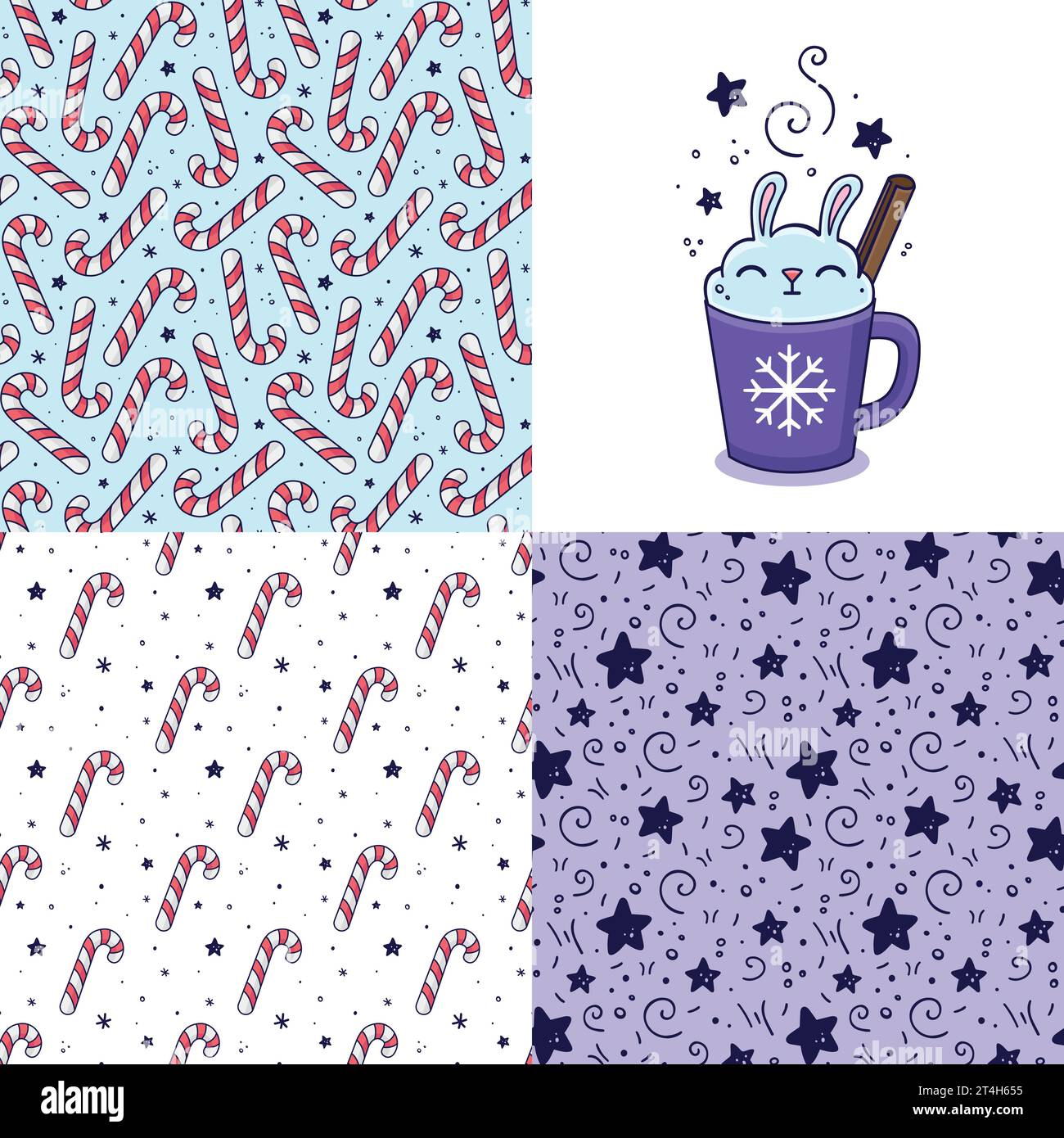 Noël dessiné à la main avec lapin guimauve, ensemble de motifs cannelle est style doodle pour la conception de vêtements de bébé. Impressions avec pâte sans couture de canne à sucre Illustration de Vecteur