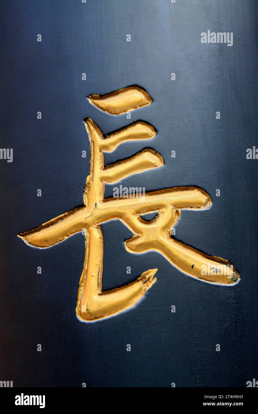 Estampage à chaud caractères chinois à bord, gros plan de la photo Banque D'Images