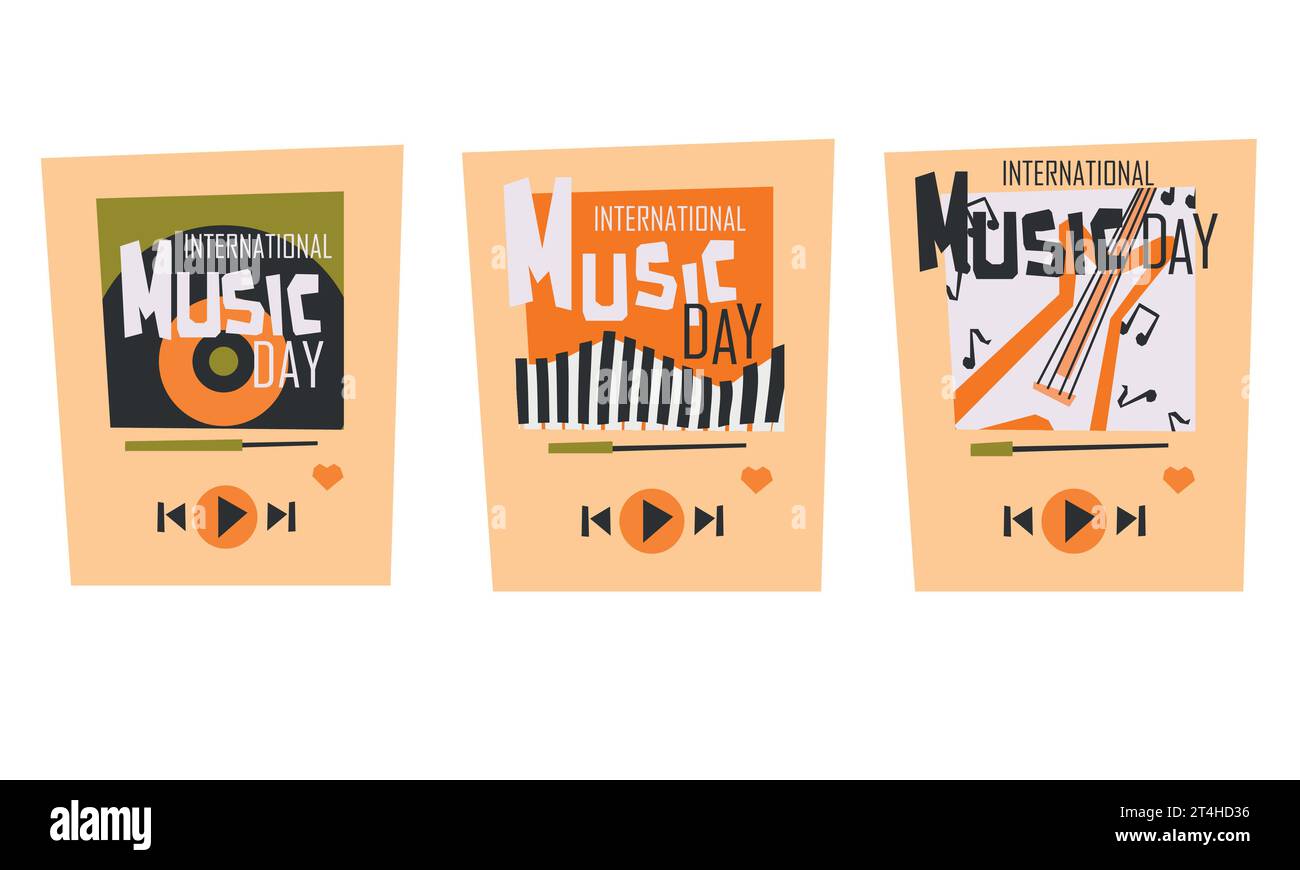 journée internationale de la musique du monde, graphiques vectoriels, style plat, trois arrière-plans pour les réseaux sociaux, vue du lecteur sur le téléphone Illustration de Vecteur